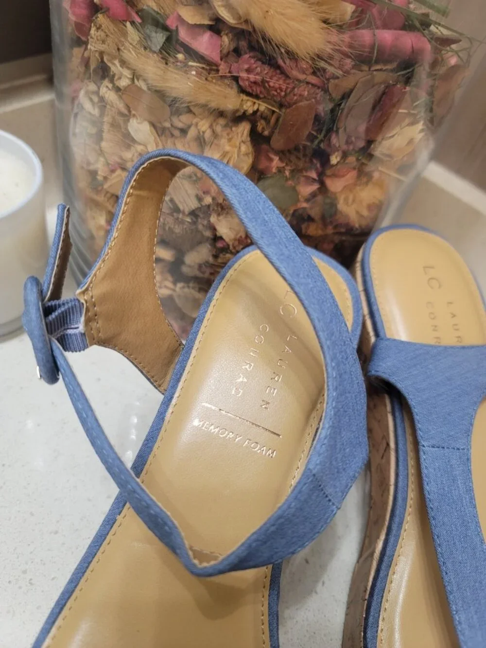 LC Lauren Conrad Aliana Bow Cork Heel Sandals Women's Size 9.5 M Color-Blue NEW